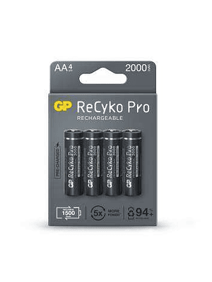 GP ReCyko Pro Pack de 4 Pilas Recargables 2100mAh AA 1.2V - Precargadas - Ciclo de Vida: Hasta 1.500 Veces