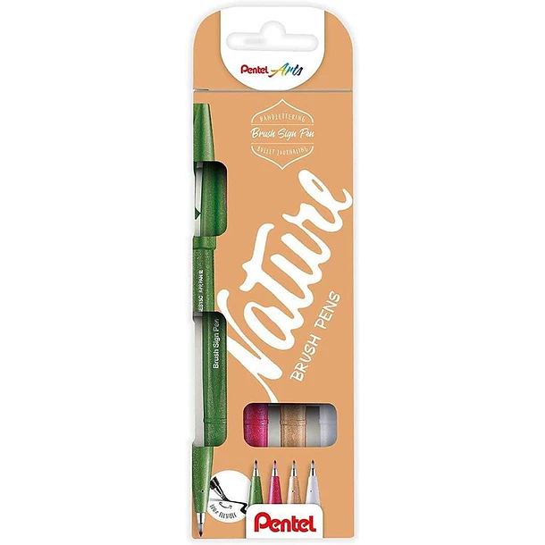 Pentel Brush Sing Pen Nature Pack de 4 Rotuladores con Punta de Pincel - Lineas Finas o Gruesas dependiendo de la Presion - Fabricados con 81% de Plas