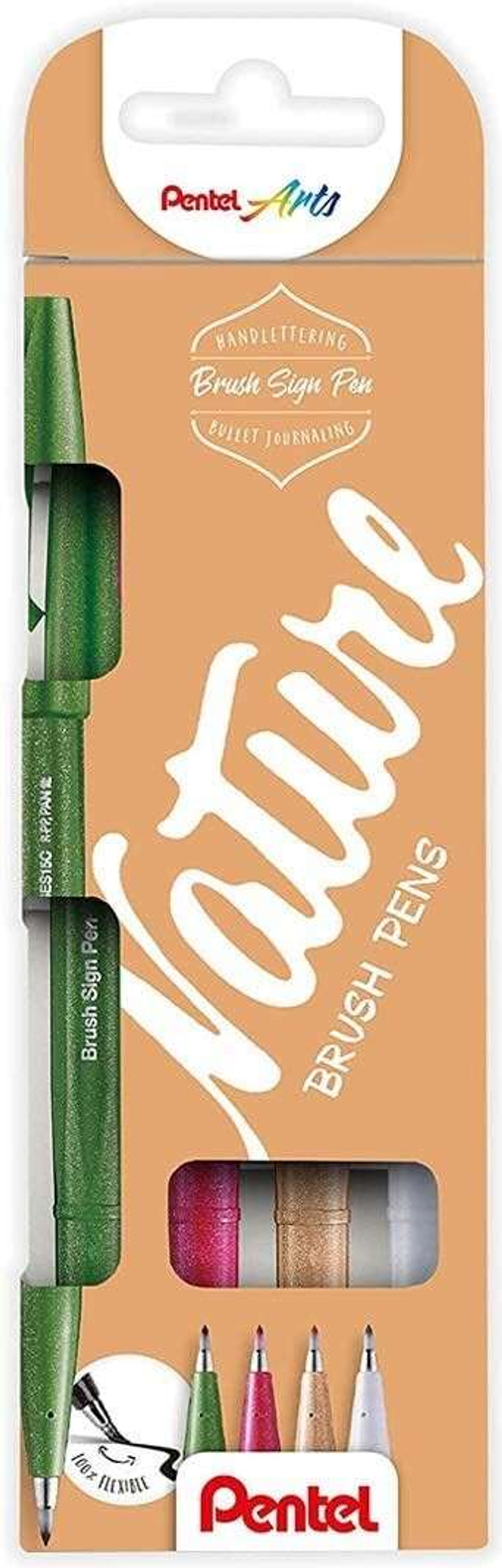 Pentel Brush Sing Pen Nature Pack de 4 Rotuladores con Punta de Pincel - Lineas Finas o Gruesas dependiendo de la Presion - Fabricados con 81% de Plas 1