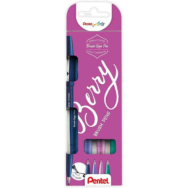 Pentel Brush Sing Pen Berry Pack de 4 Rotuladores con Punta de Pincel - Lineas Finas o Gruesas dependiendo de la Presion - Fabricados con 81% de Plast