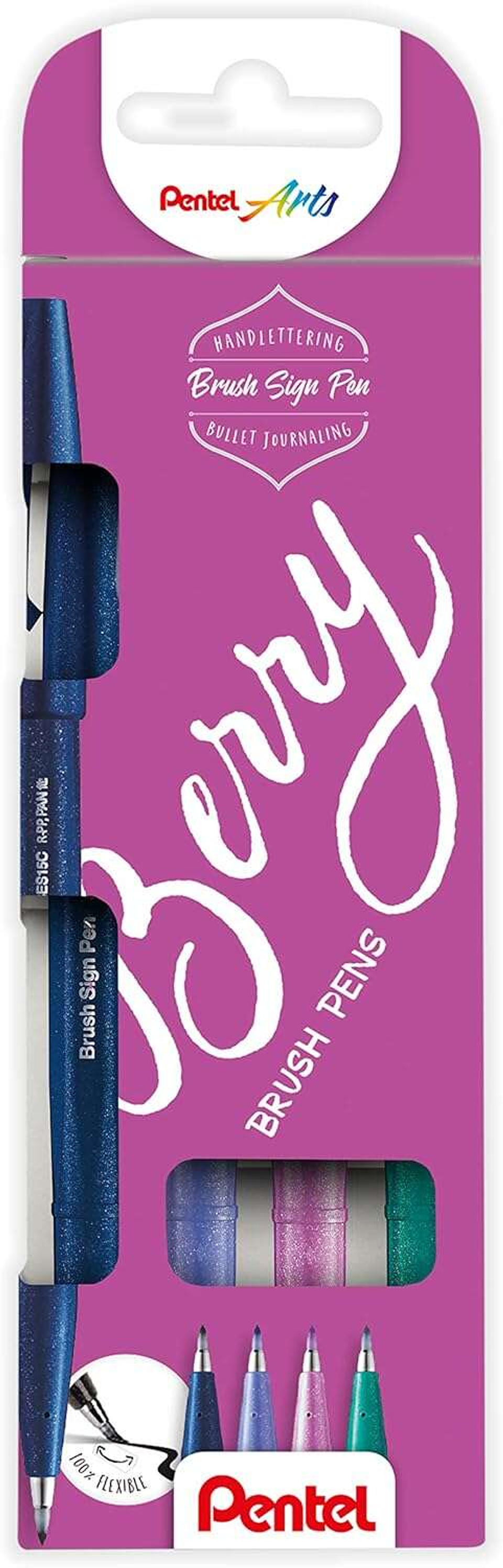 Pentel Brush Sing Pen Berry Pack de 4 Rotuladores con Punta de Pincel - Lineas Finas o Gruesas dependiendo de la Presion - Fabricados con 81% de Plast 1
