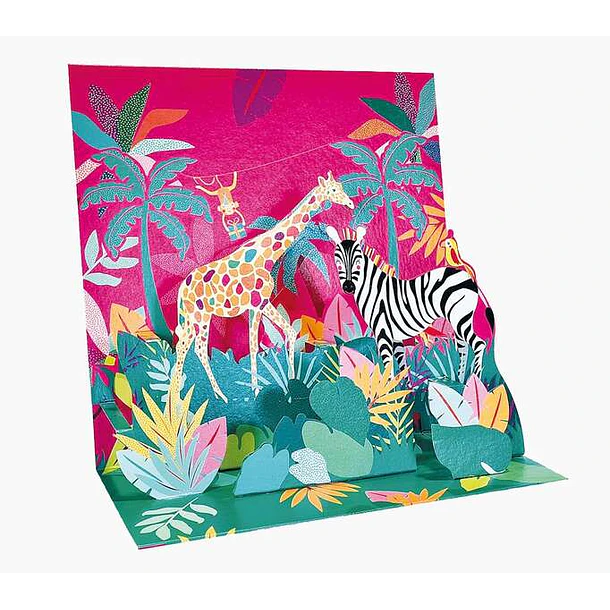 Pictura Tarjeta 3D Pop-Up - 16x16cm - Tematica Jungla - Embolsada Individualmente - Incluye Sobre Blanco - Papel con Certificacion FSC