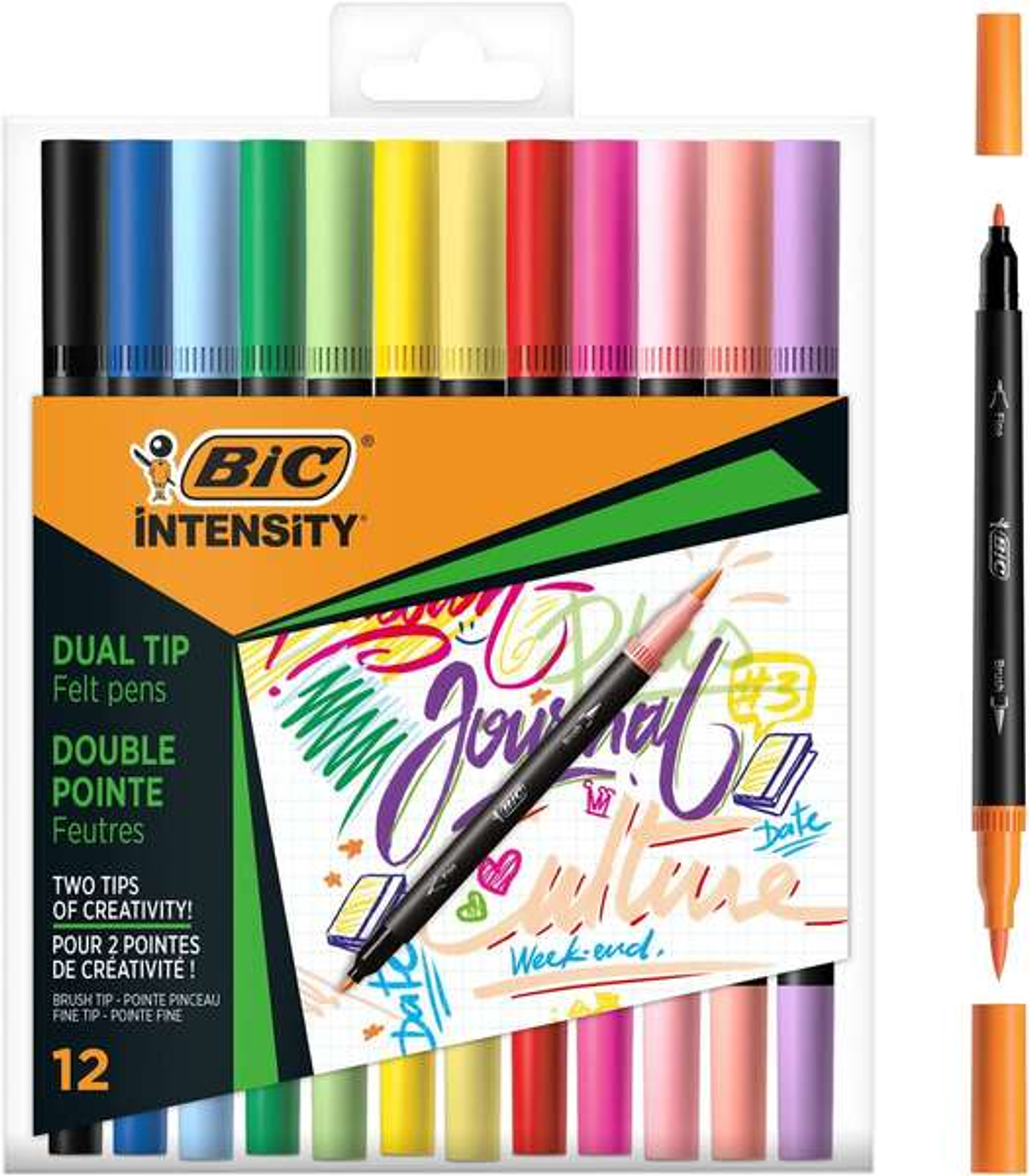 Bic Intensity Dual Tip Pack de 12 Rotuladores Doble Punta - Punta de Pincel + Punta Fina - Tinta con Base de Agua - Colores Clasicos y Pastel Surtidos 1