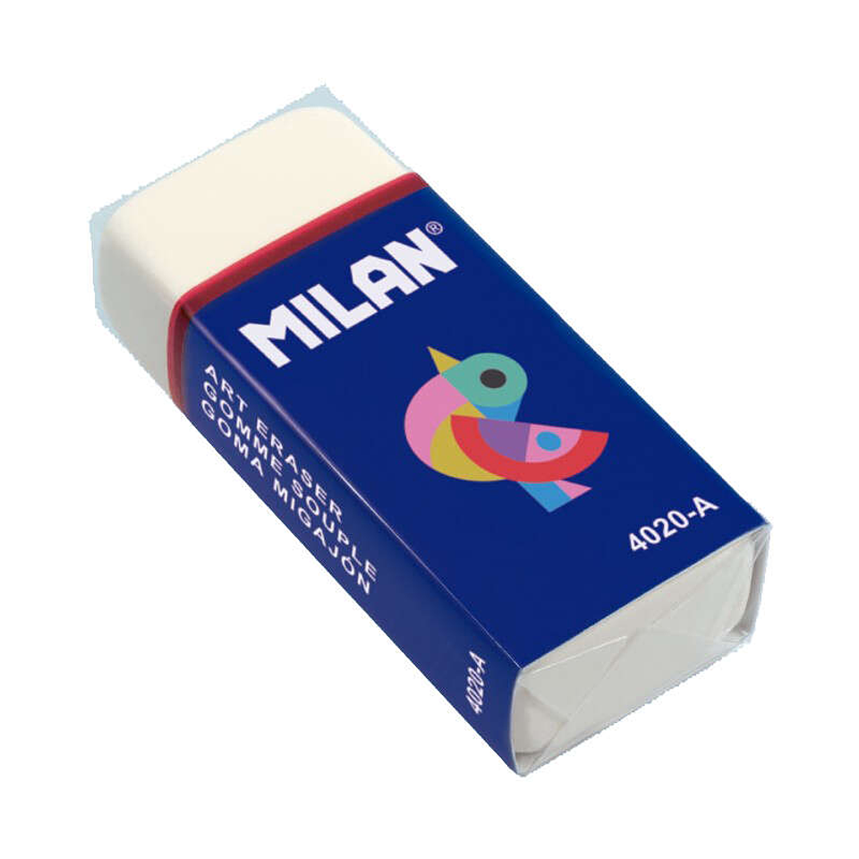 Milan 4020A Goma de Borrar Rectangular - Miga de Pan - Suave - Caucho Sintetico - Faja de Carton Azul - Dibujos Surtidos - Color Blanco 1