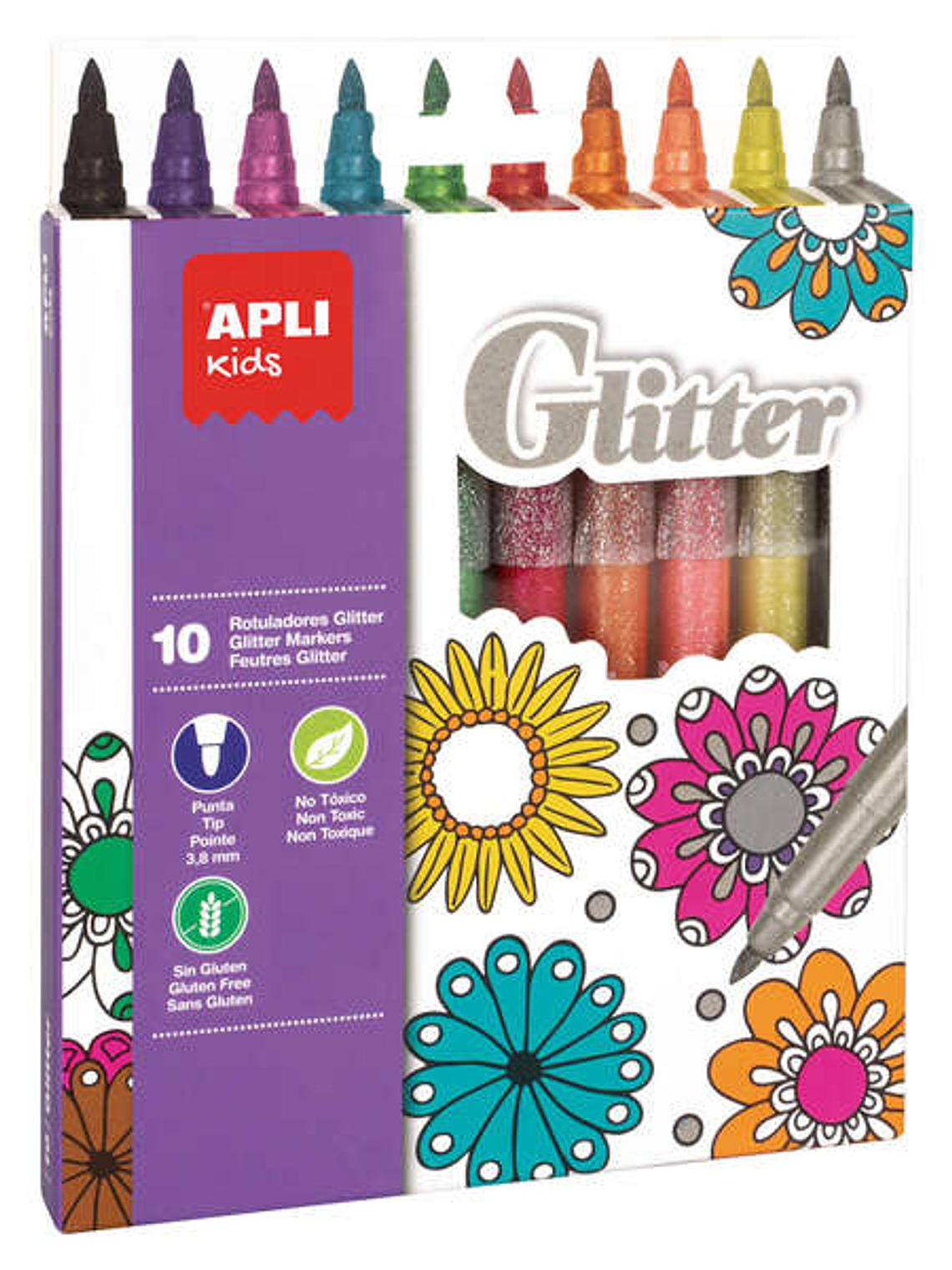 Apli Kids Rotuladores Glitter - Ø 12x137 mm - Cuerpo Cilindrico y Punta Redonda Bloqueada de Ø 3.8 mm - Colores Surtidos - Lavables, Anti Asfixia, No  1