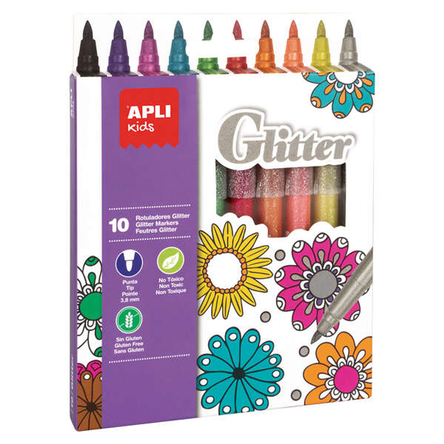 Apli Kids Rotuladores Glitter - Ø 12x137 mm - Cuerpo Cilindrico y Punta Redonda Bloqueada de Ø 3.8 mm - Colores Surtidos - Lavables, Anti Asfixia, No  1