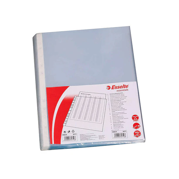Esselte Pack de 100 Fundas Multitaladro Portadocumentos - Formato Folio - 16 Taladros - 80 Micras - Piel de Naranja - Color Transparente