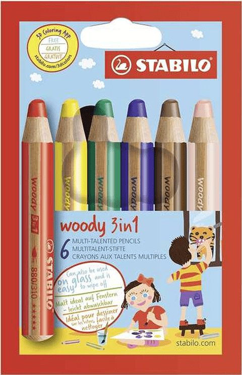 Stabilo Woody 3 en 1 Pack de 6 Lapices de Colores - Lapiz de Color, Cera y Acuarela, Todo en Uno - Mina XXL 10mm - Colores Surtidos