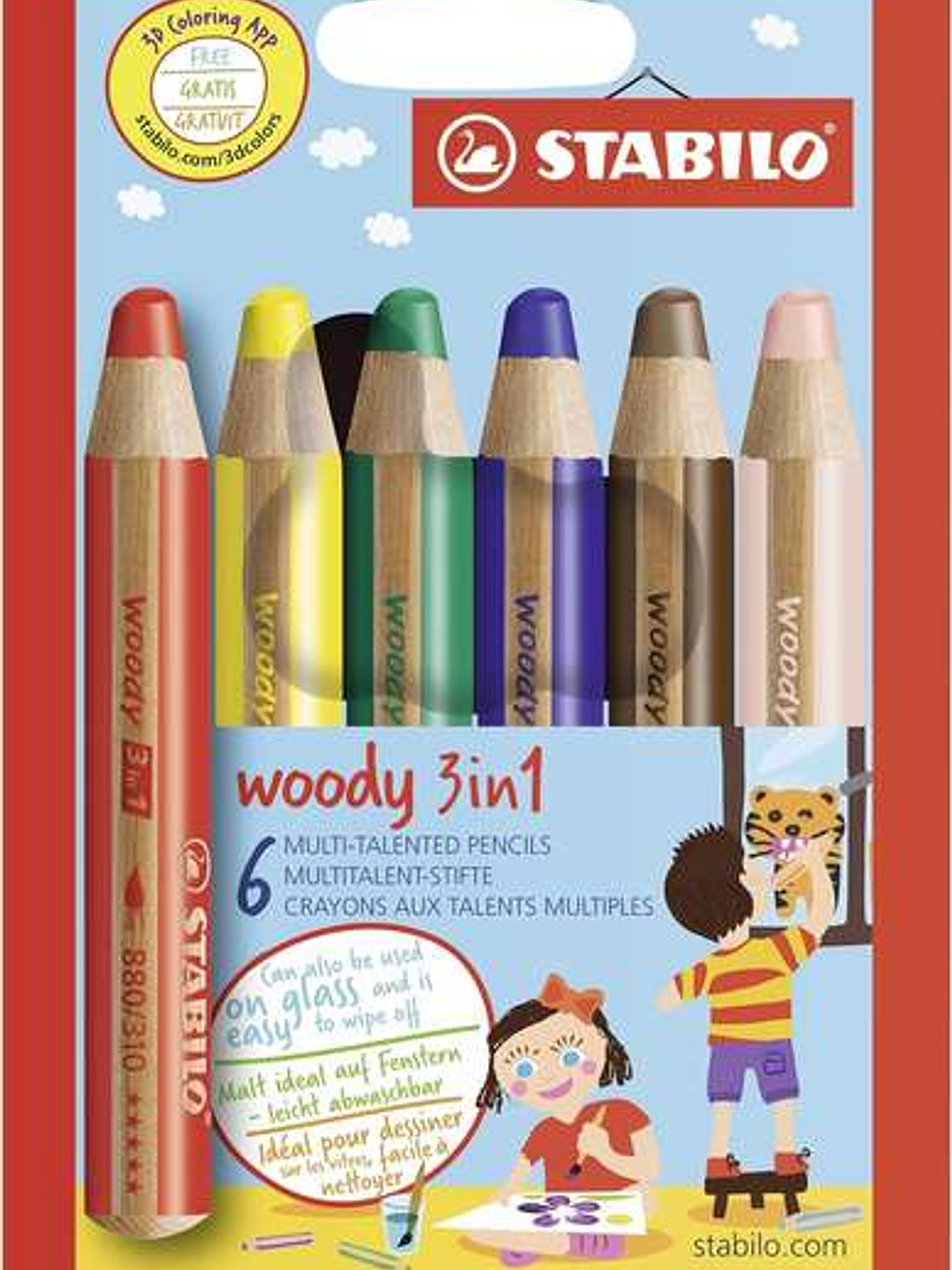 Stabilo Woody 3 en 1 Pack de 6 Lapices de Colores - Lapiz de Color, Cera y Acuarela, Todo en Uno - Mina XXL 10mm - Colores Surtidos 1