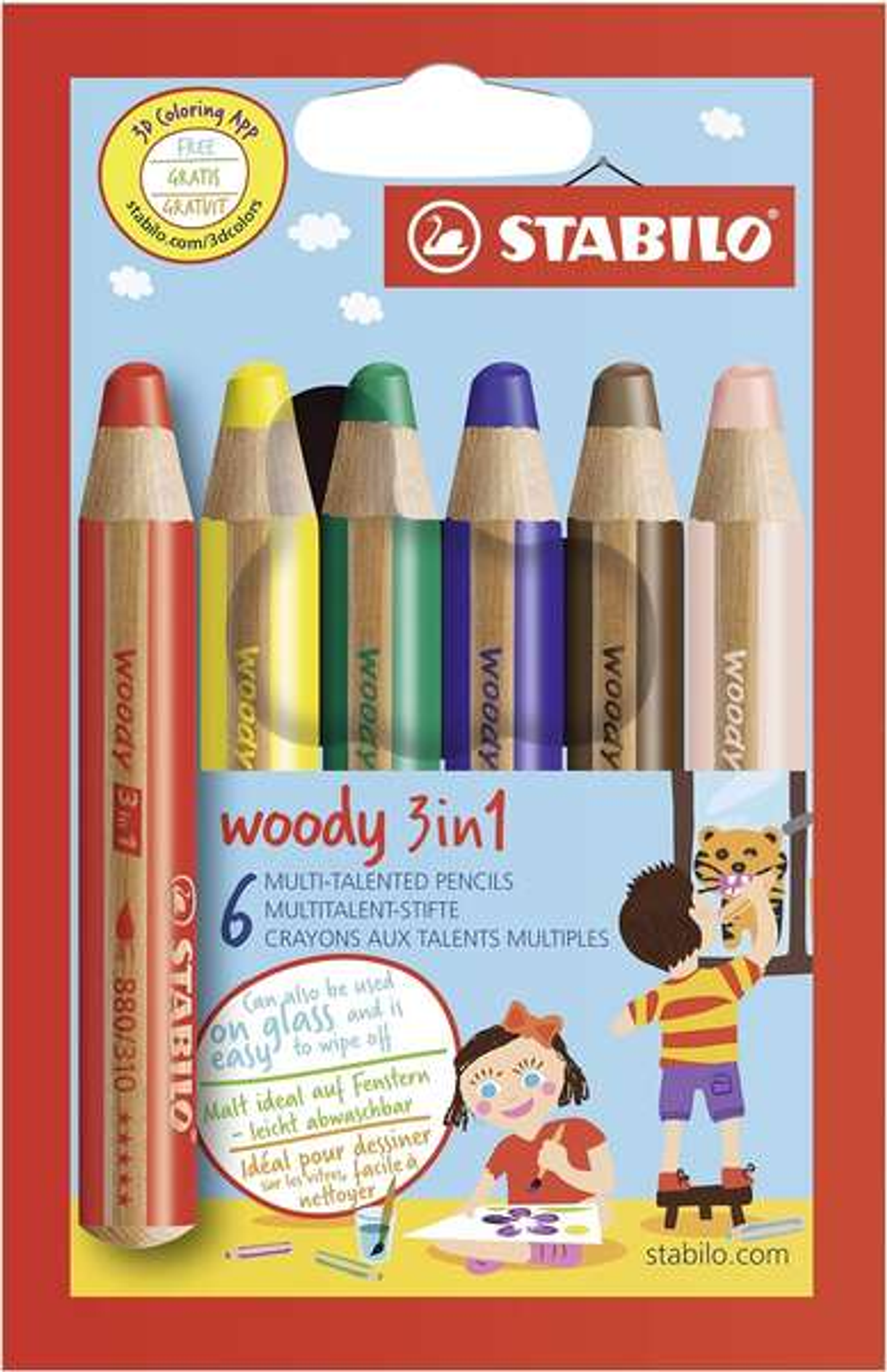Stabilo Woody 3 en 1 Pack de 6 Lapices de Colores - Lapiz de Color, Cera y Acuarela, Todo en Uno - Mina XXL 10mm - Colores Surtidos 1