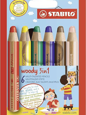 Stabilo Woody 3 en 1 Pack de 6 Lapices de Colores - Lapiz de Color, Cera y Acuarela, Todo en Uno - Mina XXL 10mm - Colores Surtidos