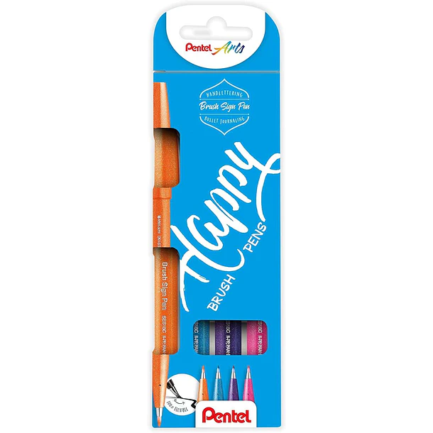 Pentel Brush Sing Pen Happy Pack de 4 Rotuladores con Punta de Pincel - Lineas Finas o Gruesas dependiendo de la Presion - Fabricados con 81% de Plast