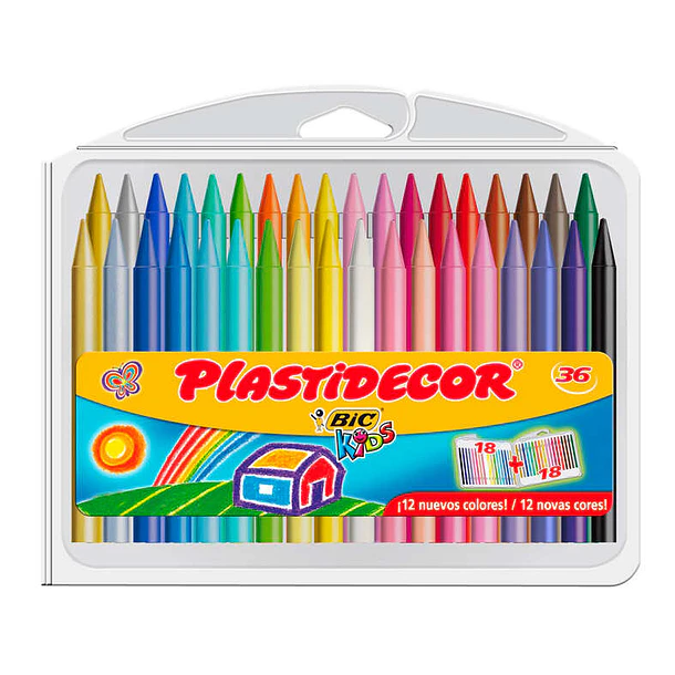 Bic Kids Plastidecor Caja de 36 Lapices de Cera - Extraresistentes - Facil de Sacar Punta - No Mancha