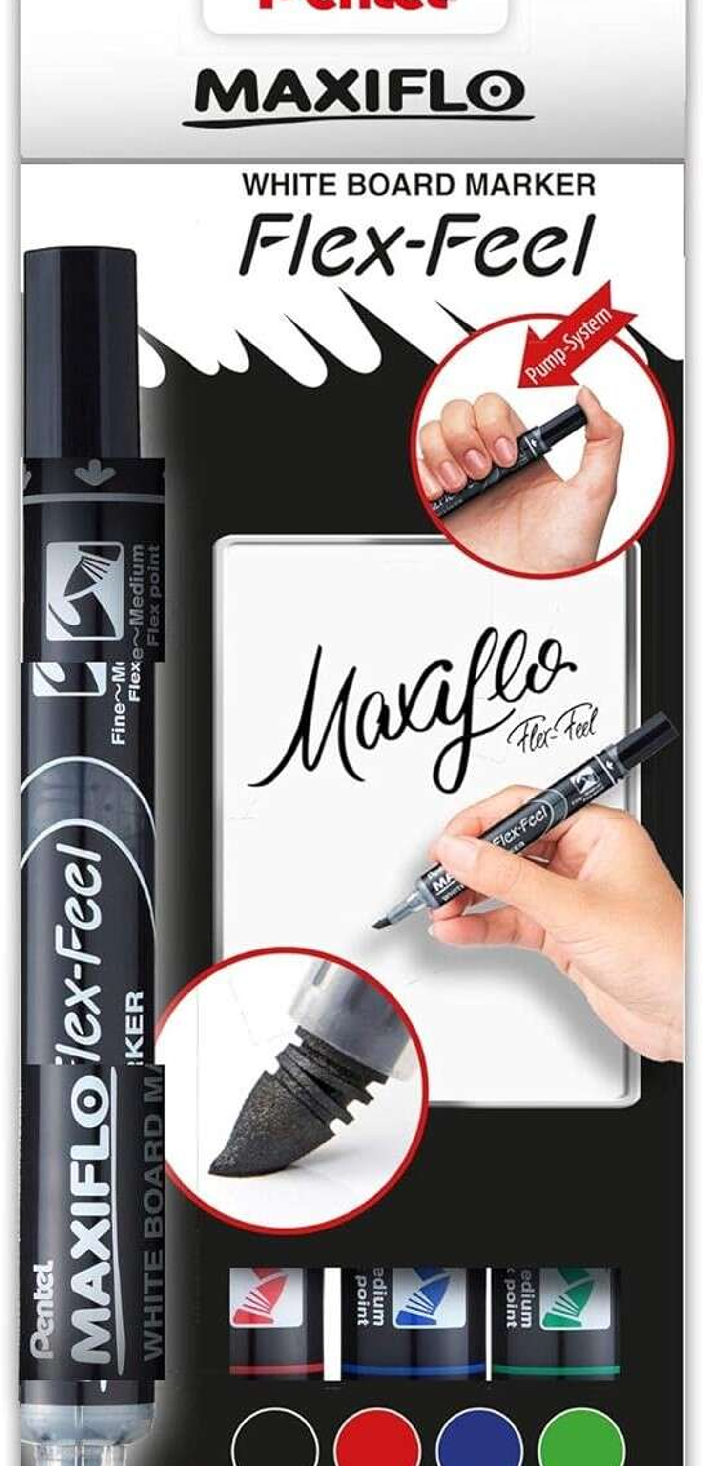 Pentel Maxiflo Flex-Feel Pack de 4 Rotuladores para Pizarra Blanca - Punta Flexible 4.6mm - Dosificacion de Tinta mediante Embolo - Colores Negro, Azu 1