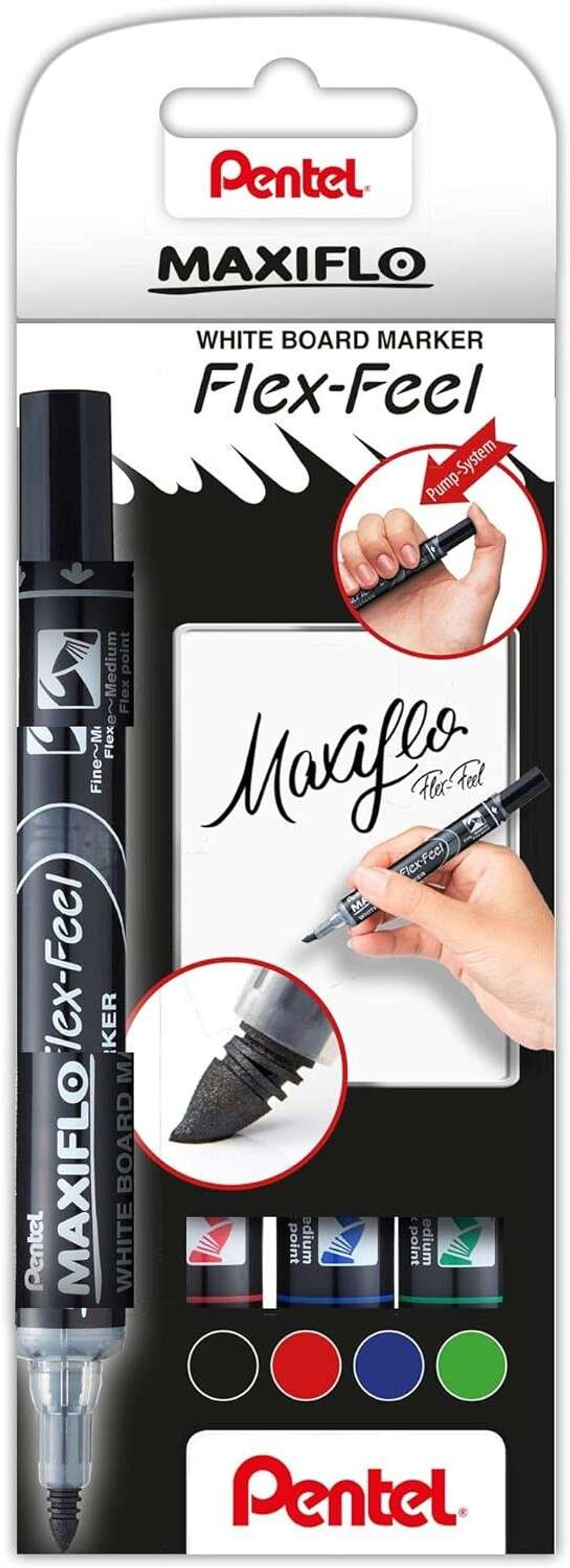 Pentel Maxiflo Flex-Feel Pack de 4 Rotuladores para Pizarra Blanca - Punta Flexible 4.6mm - Dosificacion de Tinta mediante Embolo - Colores Negro, Azu 1