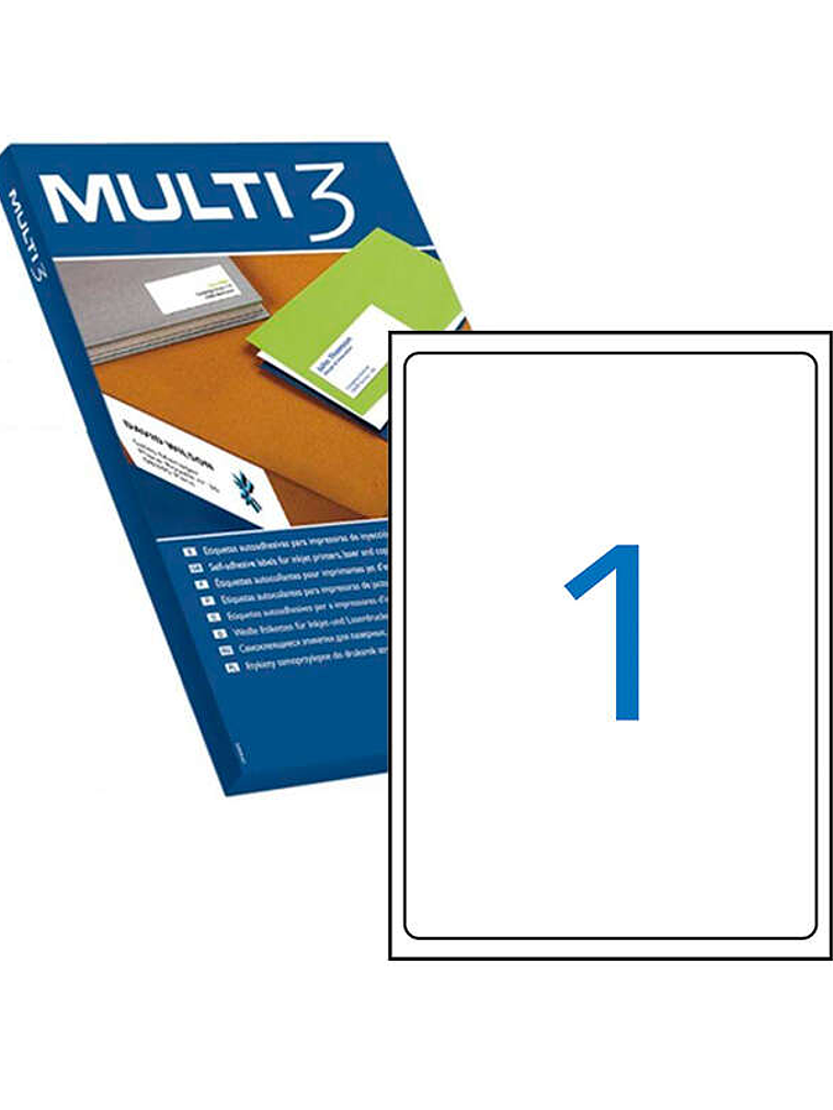 Multi3 Pack de 100 Etiquetas Blancas Cantos Romos Tamaño 199.6X289.1mm con Adhesivo Permanente para Multiples Usos 1