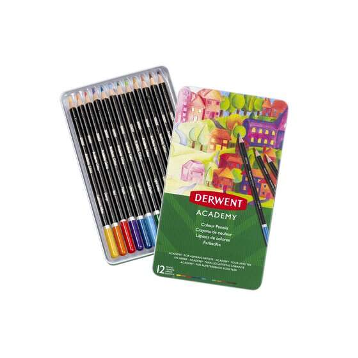 Derwent Academy Pack de 12 Lapices de Colores de Gran Calidad - Transferencia de Color Perfecta - Cuerpos de Madera Natural - Colores Surtidos 1