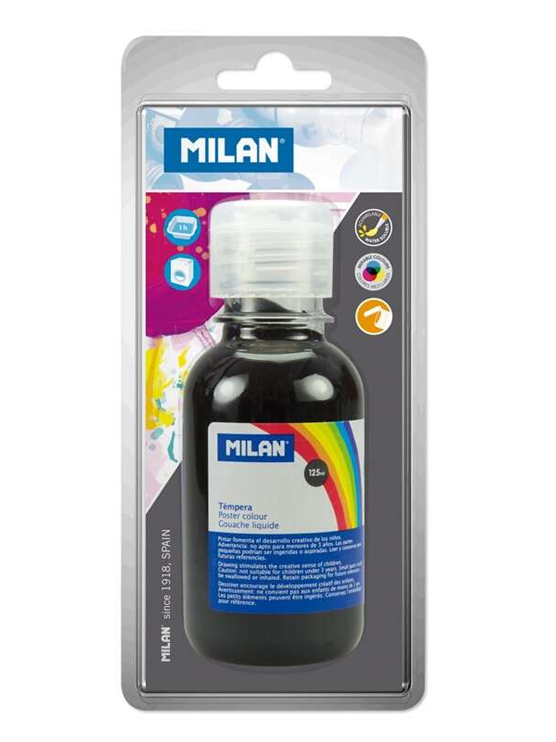 Milan Botella de Tempera 125 ml - Tapon Dosificador - Secado Rapido - Mezclable - Color Negro 1