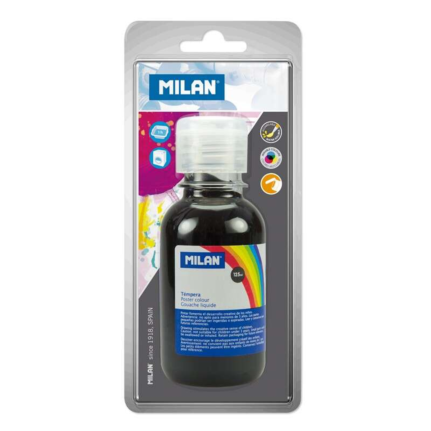 Milan Botella de Tempera 125 ml - Tapon Dosificador - Secado Rapido - Mezclable - Color Negro 1