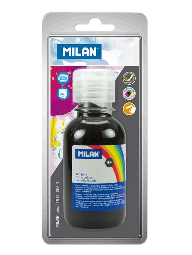 Milan Botella de Tempera 125 ml - Tapon Dosificador - Secado Rapido - Mezclable - Color Negro 1