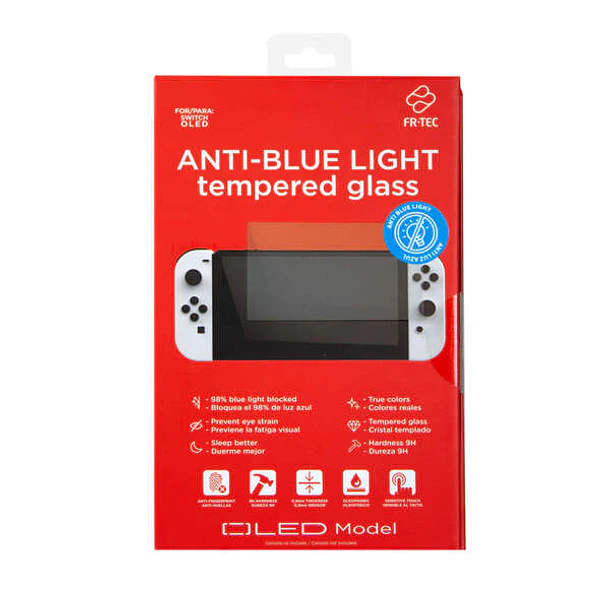 FR-TEC Cristal Templado Anti Luz Azul para Nintendo Switch Oled - Dureza H9 - Bloquea 98% Radiacion Azul - Adherencia sin Residuos - Facil Aplicacion