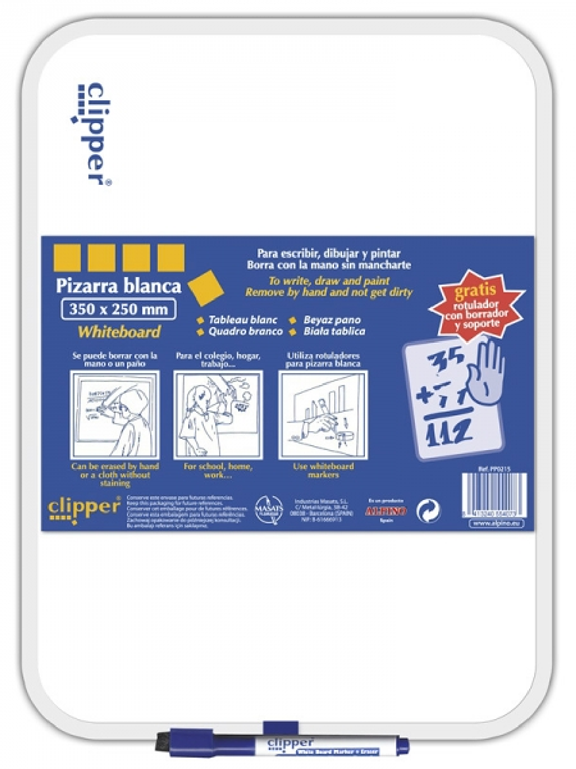 Alpino Clipper Pizarra Blanca 35x25cm - Una Cara Blanca y otra con Cuadricula - Borrado en Seco - Incluye Rotulador con Borrador - Color Blanco 1