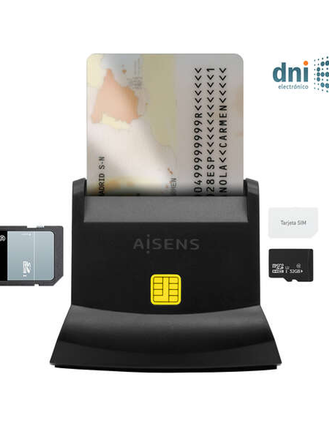 Aisens Lector de Tarjeta Inteligente DNI USB-C con Lector de Tarjetas SIM, SD, Micro SD, MMC, RS-MMC, MMC Micro - Color Negro 1