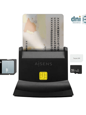 Aisens Lector de Tarjeta Inteligente DNI USB-C con Lector de Tarjetas SIM, SD, Micro SD, MMC, RS-MMC, MMC Micro - Color Negro