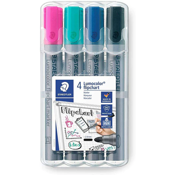 Staedtler Lumocolor Flipchart 356 Pack de 4 Marcadores Permanentes - Tinta Base de Agua - Colores Surtidos