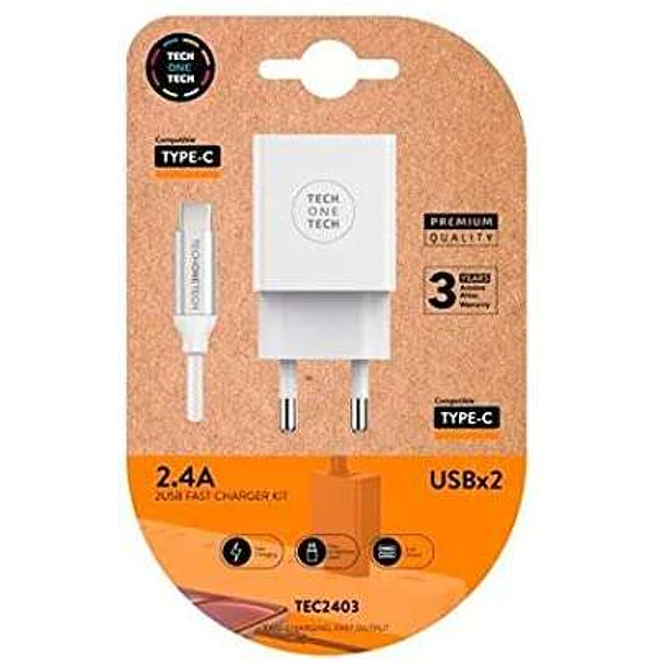 TechOneTech Cargador Doble de Pared + Cable USB-A a USB-C 1m - Recubierto de Nylon Trenzado