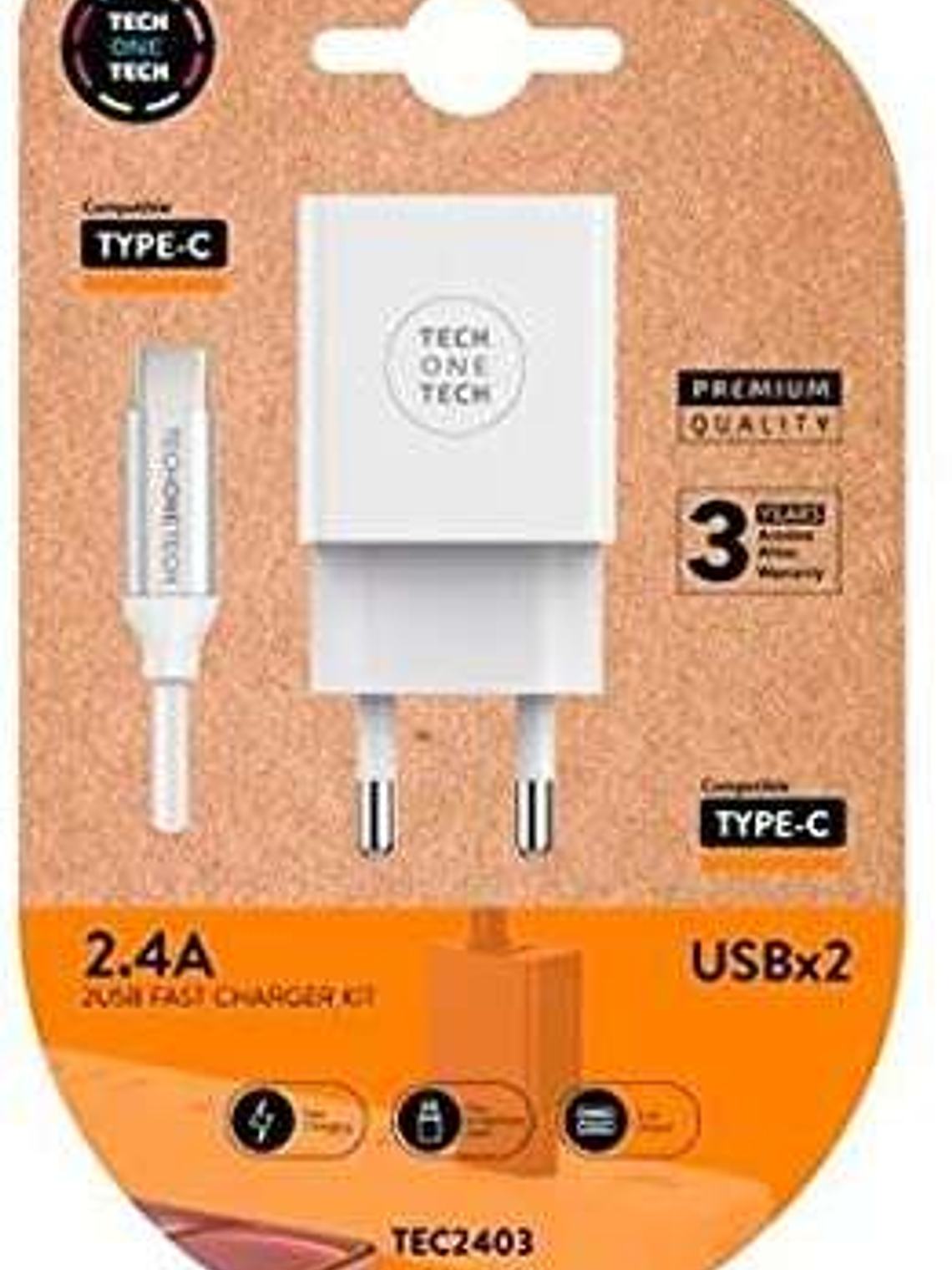 TechOneTech Cargador Doble de Pared + Cable USB-A a USB-C 1m - Recubierto de Nylon Trenzado 1
