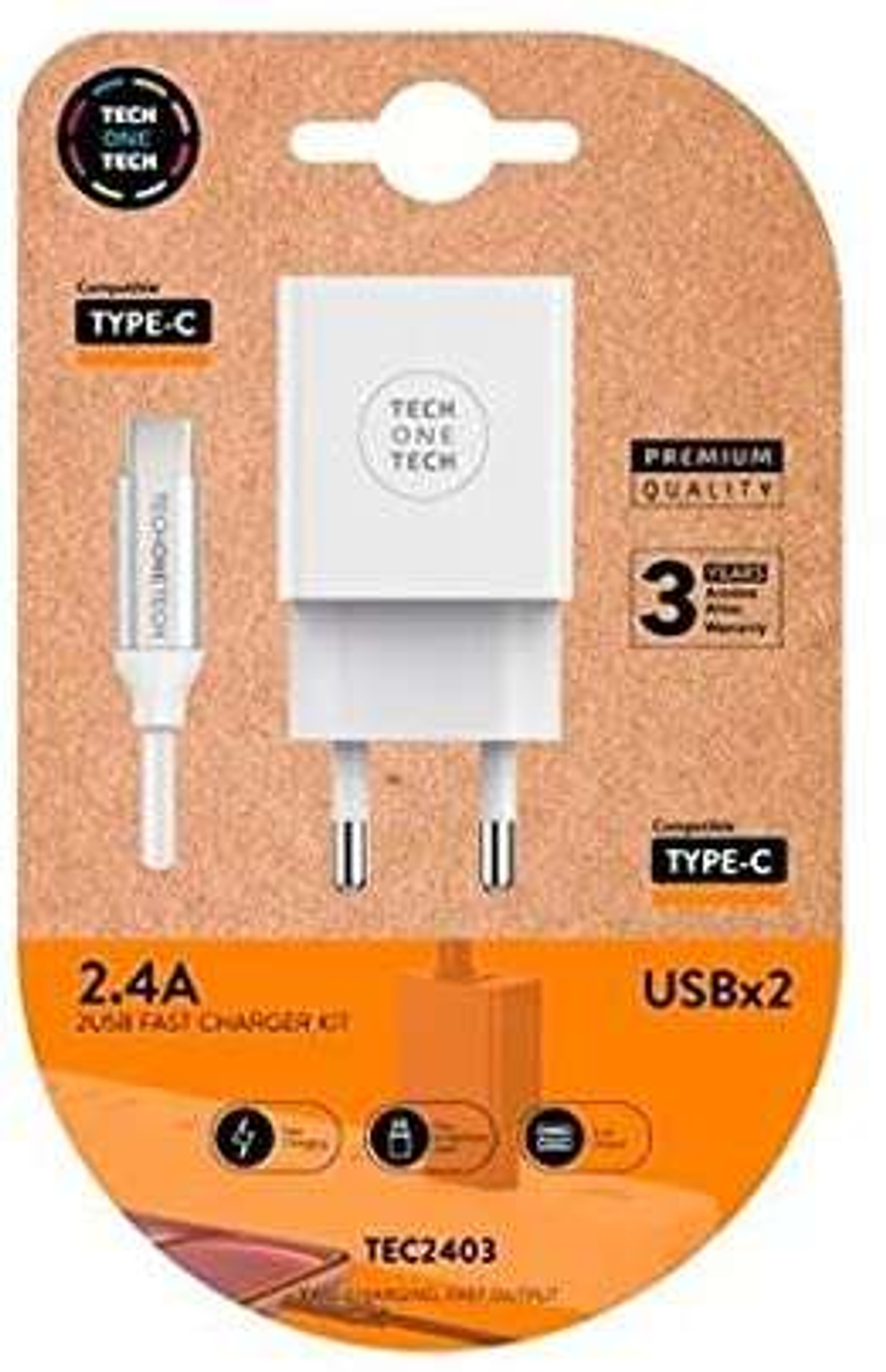 TechOneTech Cargador Doble de Pared + Cable USB-A a USB-C 1m - Recubierto de Nylon Trenzado 1