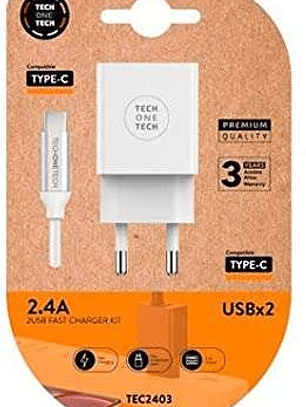 TechOneTech Cargador Doble de Pared + Cable USB-A a USB-C 1m - Recubierto de Nylon Trenzado
