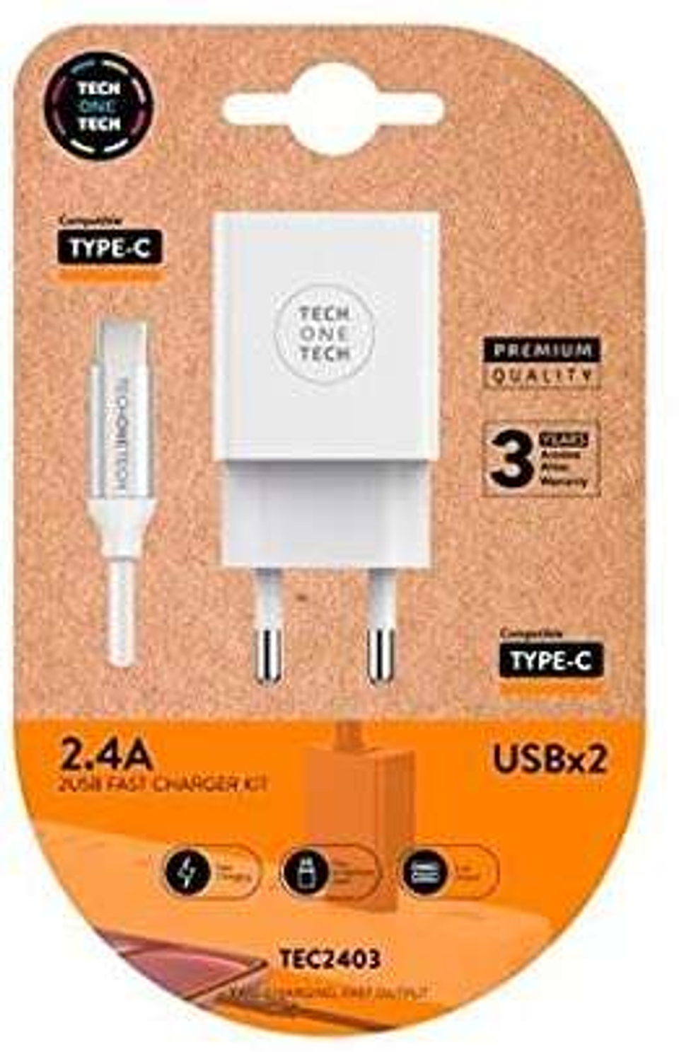TechOneTech Cargador Doble de Pared + Cable USB-A a USB-C 1m - Recubierto de Nylon Trenzado 1