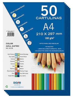 Dohe Cartulinas de Colores de 180 G/M2 - Tamaño A4 - PH Neutro - Libres de Cloro Elemental - Colorantes Biodegradables