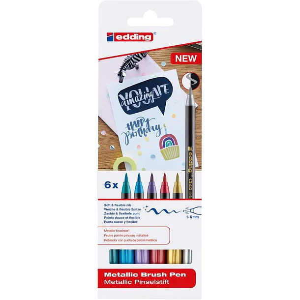 Edding 1340 Brush Pack de 6 Rotuladores - Punta Pincel Flexible - Trazo 1-3mm - Tinta con Base de Agua - Colores Oro, Rojo, Azul, Verde, Gris y Morado