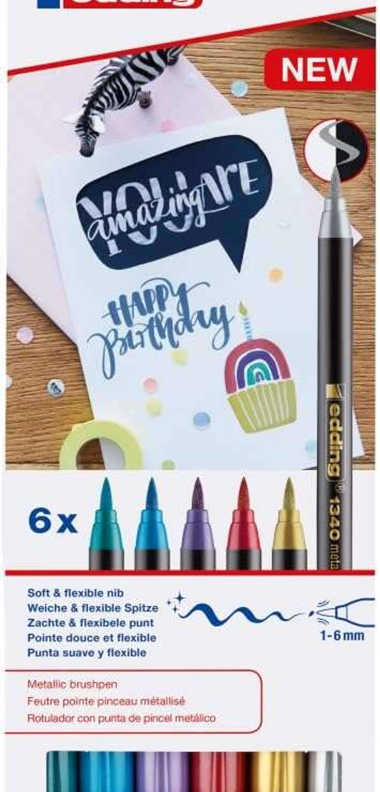 Edding 1340 Brush Pack de 6 Rotuladores - Punta Pincel Flexible - Trazo 1-3mm - Tinta con Base de Agua - Colores Oro, Rojo, Azul, Verde, Gris y Morado 1