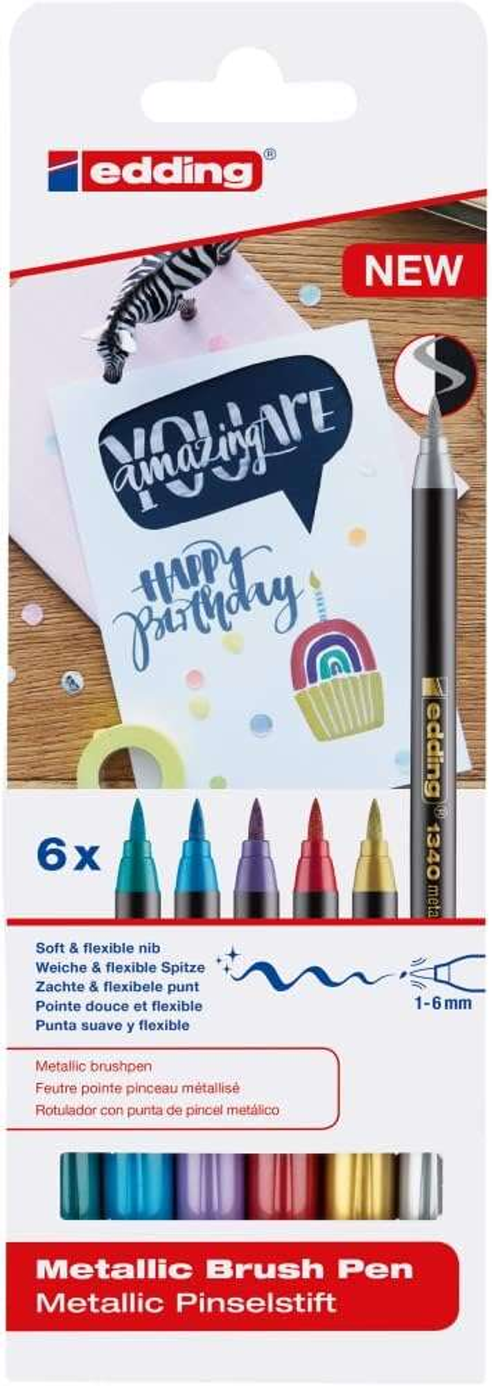 Edding 1340 Brush Pack de 6 Rotuladores - Punta Pincel Flexible - Trazo 1-3mm - Tinta con Base de Agua - Colores Oro, Rojo, Azul, Verde, Gris y Morado 1