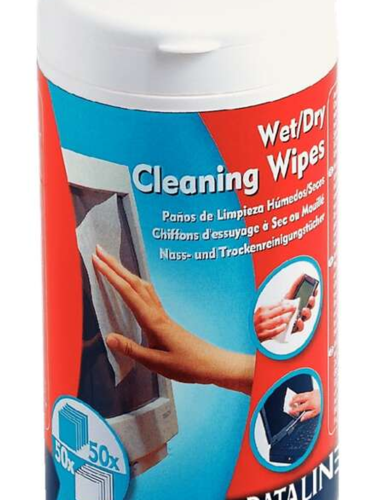Esselte Bote de 50 Toallitas Secas y 50 Toallitas Humedas para Pantallas, Superficies Plasticas, Impresoras, Teclados, Telefonos y Equipos de Oficina 1