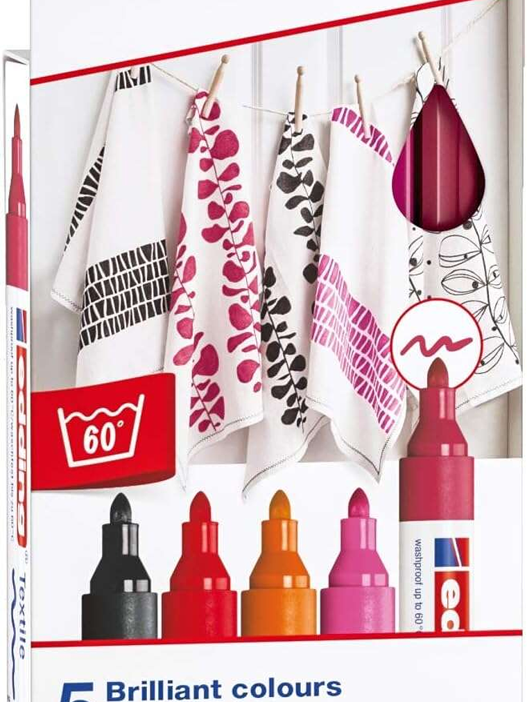 Edding 4500 Colores Calidos Pack de 5 Rotuladores Permanentes para Textil - Punta Redonda - Trazo 2-3mm - Olor Neutro - Secado Rapido - Colores Negro, 1