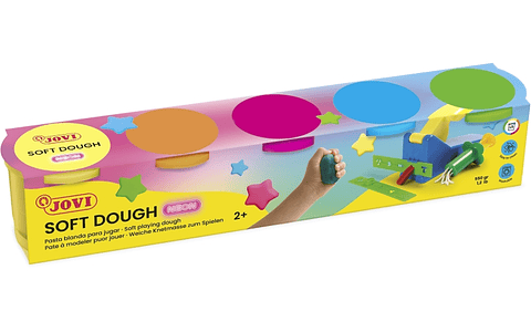 Jovi Soft Dough Estuche de 5 Botes Colores Neon - Blanda y Flexible - Facil de Amasar y Moldear - Ideal para Iniciacion al Modelaje - Fomenta Creativi