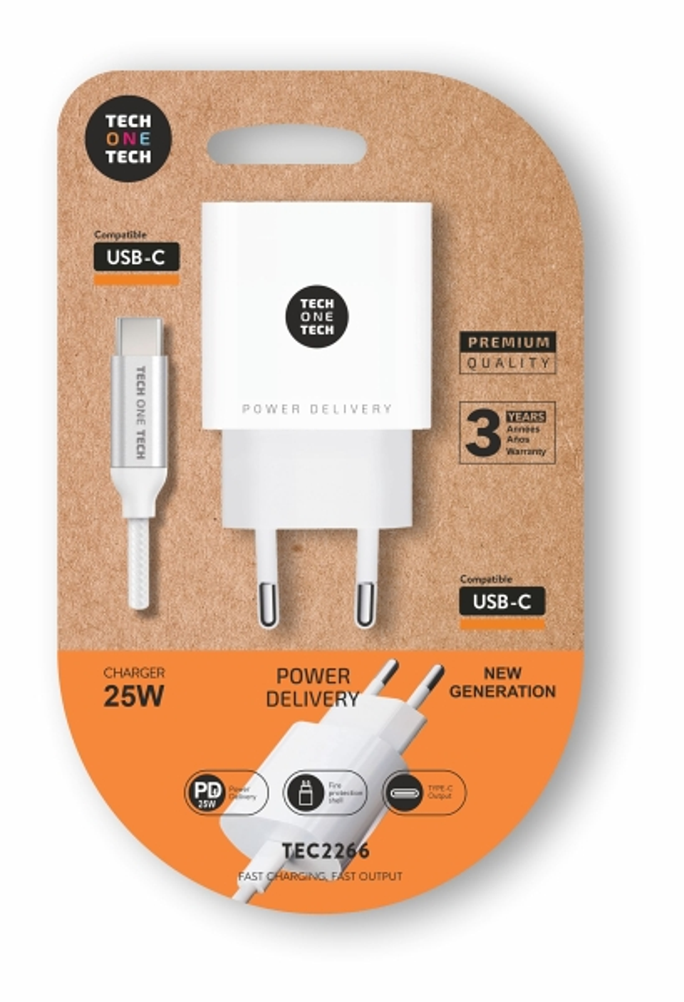 TechOneTech Cargador de Pared PD 25W + Cable USB-C a USB-C 1