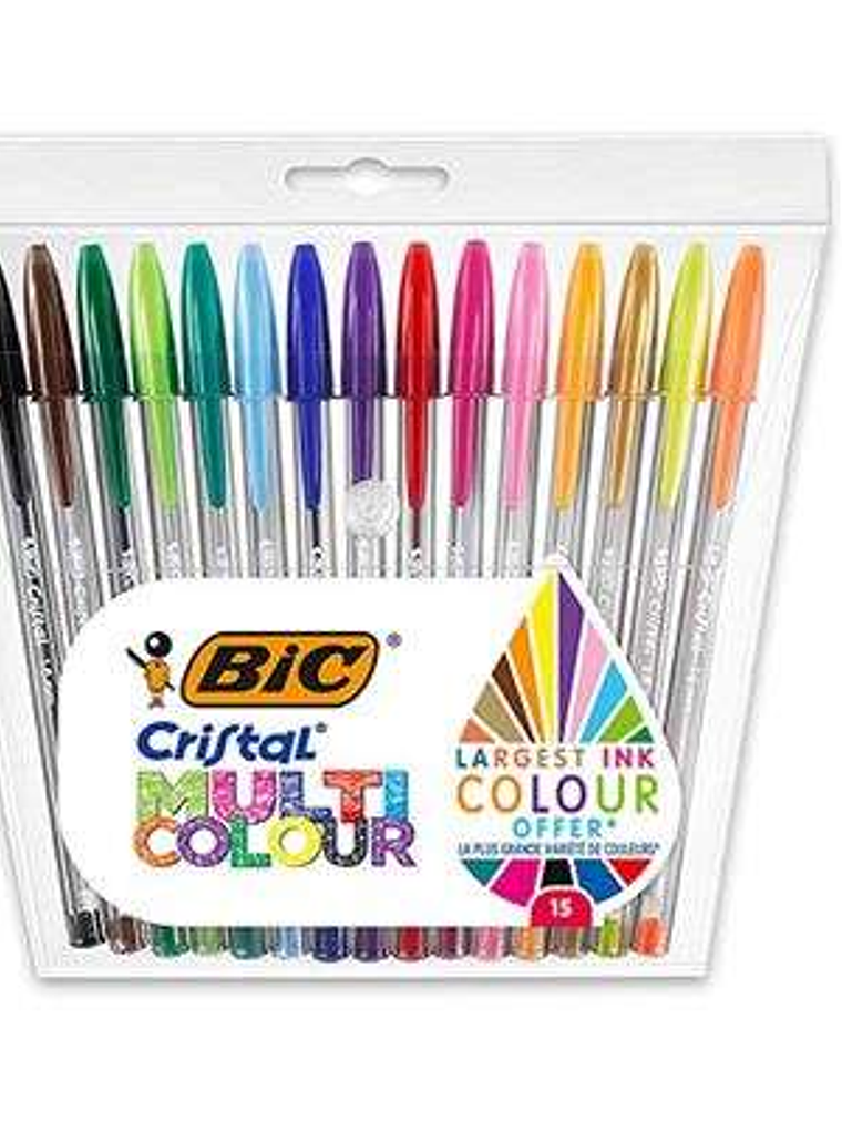 Bic Cristal Multicolour Pack de 15 Boligrafos de Bola - Punta 1.6mm - Trazo 0.42mm - Tinta con Base de Aceite - Colores Surtidos 1