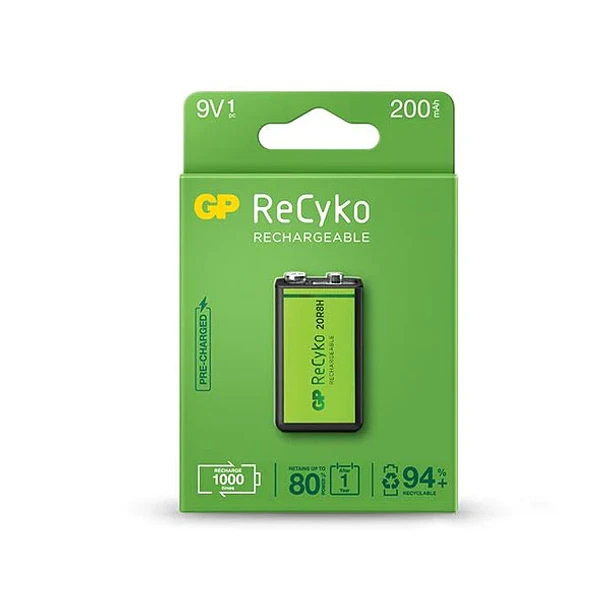GP ReCyko Pila Recargable 200mAh 9V - Precargada - Ciclo de Vida: Hasta 1000 Veces