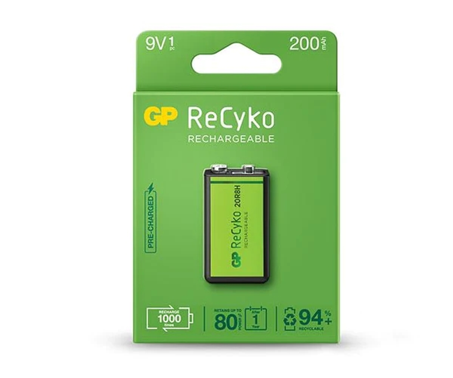 GP ReCyko Pila Recargable 200mAh 9V - Precargada - Ciclo de Vida: Hasta 1000 Veces 1