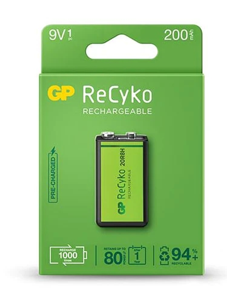 GP ReCyko Pila Recargable 200mAh 9V - Precargada - Ciclo de Vida: Hasta 1000 Veces 1