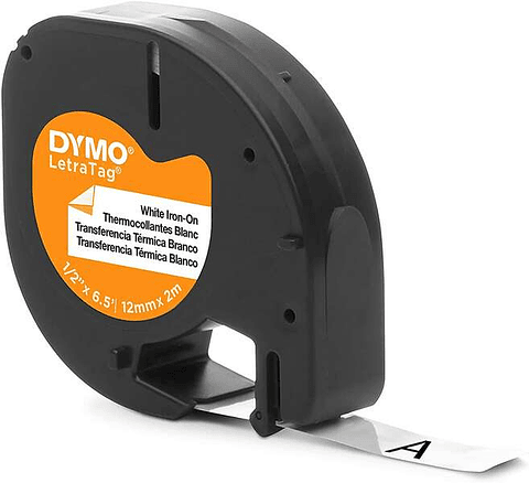 Dymo LetraTag S0718850 Cinta de Etiquetas Textiles de adhesion por plancha Original para Rotuladora - Texto negro sobre fondo blanco - Ancho 12mm x 2