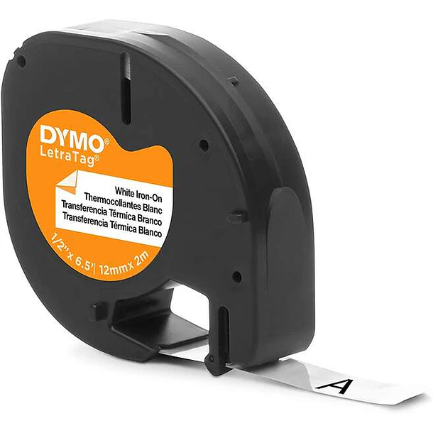 Dymo LetraTag S0718850 Cinta de Etiquetas Textiles de adhesion por plancha Original para Rotuladora - Texto negro sobre fondo blanco - Ancho 12mm x 2