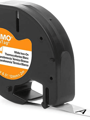 Dymo LetraTag S0718850 Cinta de Etiquetas Textiles de adhesion por plancha Original para Rotuladora - Texto negro sobre fondo blanco - Ancho 12mm x 2