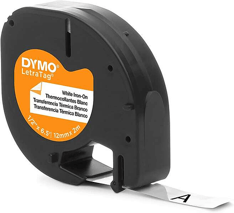 Dymo LetraTag S0718850 Cinta de Etiquetas Textiles de adhesion por plancha Original para Rotuladora - Texto negro sobre fondo blanco - Ancho 12mm x 2